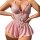 Pink lace sheer backless two-piece set with camisole and skirt, featuring delicate bows and floral embroidery for a sexy euro...
