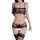 Woman modeling black lace sheer lingerie set with bralette, thong, and thigh-high stockings.