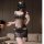 Woman modeling black lace sheer bodycon nightdress set with embroidered mesh babydoll design, featuring a matching bra and sk...
