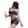 Woman in black lace sheer bodycon nightdress set holding wine glass, featuring embroidered mesh babydoll design.