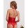 Sexy red lace sheer bodysuit with backless tie-strap design, perfect for adults seeking elegant sleepwear or costume lingerie...