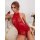 A woman poses elegantly in a red lace sheer bodysuit, featuring a sexy backless design with tie-strap details, perfect for ad...