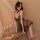 Woman wearing black lace sheer chemise set with cat ears, styled as sexy bridal lingerie sleepwear.