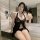 Sexy european style lace sheer halter mini dress with bow and thong set, perfect for intimate moments.