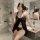 Sexy european style lace sheer halter mini dress with bow and thong set, perfect for intimate moments.