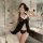 Sexy european style lace sheer halter mini dress with bow and thong set, perfect for intimate moments.