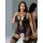 Woman modeling black lace sheer lingerie set with elegant bustier and matching stockings, showcasing tempting pure-delight se...