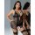 Model wearing black lace sheer lingerie set with floral details and garter straps, elegant sensual design for women.