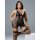 Woman modeling black lace sheer lingerie set with floral patterns, featuring a bustier top and matching stockings for elegant...