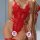 Woman wearing red lace sheer open-crotch bodysuit with garter straps, sexy -style erotic sleepwear for women.