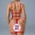 Woman wearing red lace sheer open-crotch bodysuit with strappy back design, sexy -style erotic sleepwear for women.