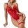 Woman wearing red lace sheer open-crotch bodysuit with garter straps, sexy -style erotic sleepwear for women.