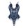 Navy blue lace sheer bodysuit with open-crotch design, ruffled hem, and delicate straps—sexy see-through sleepwear for women.