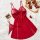 Red lace sheer sleepwear set with adjustable straps, displayed with roses and accessories on white background.