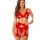 Woman modeling red lace lingerie set with sheer push-up bra and matching thong, elegant european-style sleepwear.