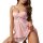 Woman wearing pink lace sheer lingerie set with adjustable straps and mesh transparent sleep dress.