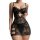 Woman wearing black lace sheer camisole and slip nightgown set with floral pattern, side cutouts, and delicate straps.