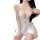 Woman wearing white lace-trimmed babydoll nightgown with blue bows, sheer fabric, deep v-neck — sexy summer sleep dress.