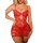 Woman wearing red luxury lace sheer sleepwear set with floral pattern, featuring a chemise and matching thong for bridal or d...