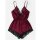 Burgundy satin sleep dress with black lace trim, v-neck, adjustable straps, and elastic waist. stylish european-inspired wome...