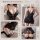 Sexy black lace teddy sleep dress for women with sheer mesh, adjustable straps, matching bra set & garter details.