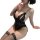 Woman wearing black lace bodysuit with open-crotch design, featuring delicate floral patterns and thin straps for a seductive...