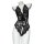 Black lace bodysuit with floral patterns, featuring an open-crotch design and sheer fabric for a sexy look.