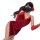Woman in red lace-trimmed backless sleep dress with cross straps, silk-look fabric, and long gloves — sexy modern qipao style...