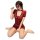 Woman kneeling in red lace bodysuit with sheer panels and rose accessory, showcasing the lace temptation lingerie set.
