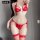 Woman wearing red lace thong bra set with open-crotch design, fishnet stockings, and bow details for intimate nights.