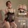 Model wearing black lace lingerie set with push-up bust, open-crotch design, and sheer stockings — u-back detail shown.