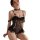 Woman wearing black lace lingerie set with push-up bust, open-crotch design, and sheer stockings — elegant and sexy sleepwear...
