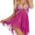 Woman wearing a fuchsia lace trim sheer mesh babydoll dress with intricate embroidery and flowing fabric.