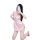 A woman poses in a pink lace-trimmed vintage chinese qipao sleepwear set, featuring sheer allure and elegant design details.