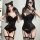 Woman modeling black languifang shapewear bodysuit with cat ears, sheer gloves, and garter straps in elegant lingerie style.