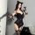 Woman modeling black languifang shapewear bodysuit with cat ears, sheer gloves, and garter straps for elegant lingerie or cos...
