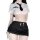 White cropped blouse with black tie and gold buttons, paired with a skintight black pencil skirt featuring side ties. lemon s...