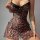 Leopard print lace sexy lingerie set featuring side-slit tank top and matching bottoms with black lace trim and bows.