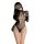 Woman wearing a black leopard print backless bodysuit with sheer mesh tights, showcasing the seductive no-remove lingerie set...