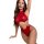 Woman wearing bold red leopard print bikini set with cutout design and chain detail, showcasing sexy lingerie style.