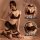 Woman modeling black lace lingerie maid outfit set with sheer details and garter straps, featuring deep v neckline and ruffle...