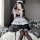 A person wearing a linglinting sexy lace japanese maid costume, featuring a cute apron with adjustable ties and sheer cut-out...