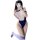 A person wearing a white and navy blue bodysuit with knee-high socks, posing while taking a mirror selfie. the outfit feature...