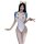 A woman poses wearing a blue and white bodysuit featuring a cat face design, complete with cat ears. the style is playful and...