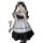 A person wearing a black and white maid costume with lace details, holding a feathered fan and taking a selfie.