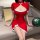 Red festive dress with white trim, bunny-themed design, perfect holiday attire.