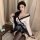 A woman models a lobei sexy japanese-style kimono sleepwear set, featuring a chiffon robe with bow-tie details and matching b...