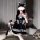 Sexy black lace lolita maid costume set featuring a babydoll dress with detachable apron, headband, and fingerless gloves.