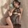 Elegant black sheer lace-up cheongsam lingerie set with delicate ruffles and tassel accents, perfect for sheer allure and fem...