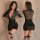 Sexy lace long dress with plunging neckline, black fabric, fishnet stockings, elegant design for pure allure and temptation.